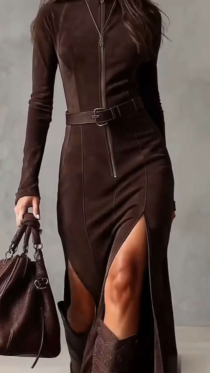 Abito • Tessuto scamosciato • Dettagli zip e spacco ✨